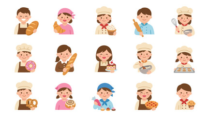 Fototapeta premium Collection of Flat Illustration Vector Icons of Happy Bakers and Chefs with Various Baked Goods and Pastries