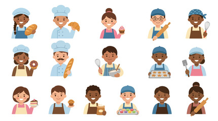 Fototapeta premium Diverse Bakers Children Holding Pastries And Baking Tools Flat Vector Art