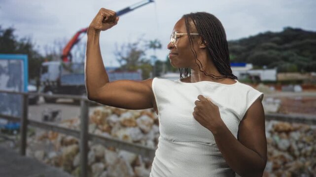 Woman flexes bicep and points to muscle on street near construction truck and rocks; confidence empowerment.