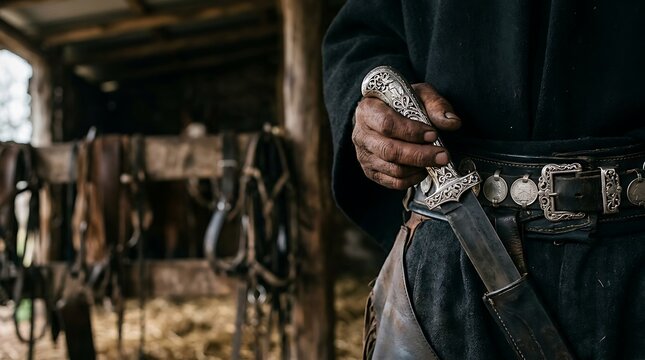Man holding a traditional ornate silver dagger in a rustic barn