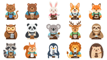 Fototapeta premium Cute Flat Cartoon Animal Baristas Collection. Adorable Coffee Shop Mascot Characters for Food Drink Industry