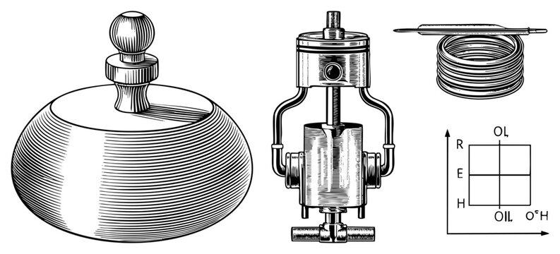 Woodcut style illustration featuring a heavy round weight, a precision piston assembly, a coiled wire, and a mathematical coordinate system. This technical sketch shows a heavy sinker and piston mecha