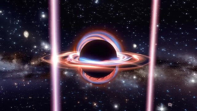 Cinematic black hole accretion disk with swirling plasma and dual cosmic jet streams beaming outward, set against a starfield, symbolizing cosmic forces, energy