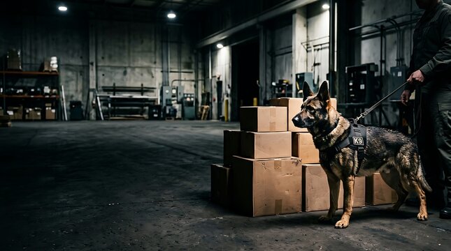 German shepherd k9 security dog patrolling a dark warehouse