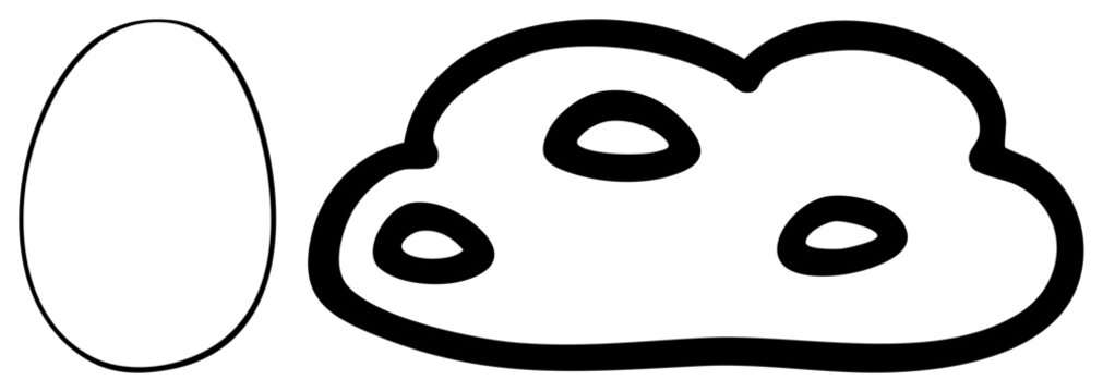 Simple black drawing featuring a singular ovum and a blobby amoeba. This clean egg and organic puddle design uses bold for a modern aesthetic.