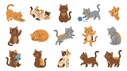 Fototapeta premium Cute cartoon cats collection, various breeds and poses, flat vector art