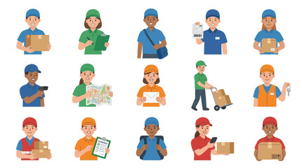 Fototapeta premium Flat Style Delivery Workers Icons - Courier, Mailman, Parcel Service