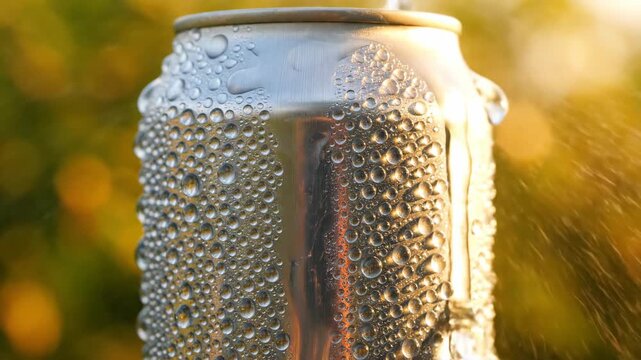 Extreme Close-Up of Condensation Water Droplets Rolling Down a Cold Aluminum Beverage Can in Summer Sunlight