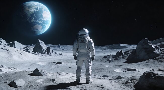 Astronaut standing on lunar surface gazing at Earth in space
