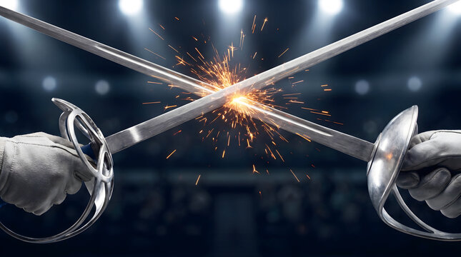 Crossed fencing swords clashing with sparks