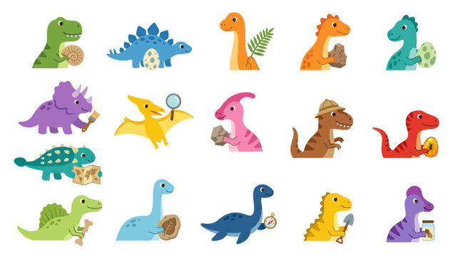 Cute cartoon dinosaurs set, science and discovery theme, flat illustration style