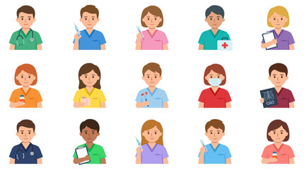 Fototapeta premium Diverse Medical Professionals Group Vector Flat Illustration Set