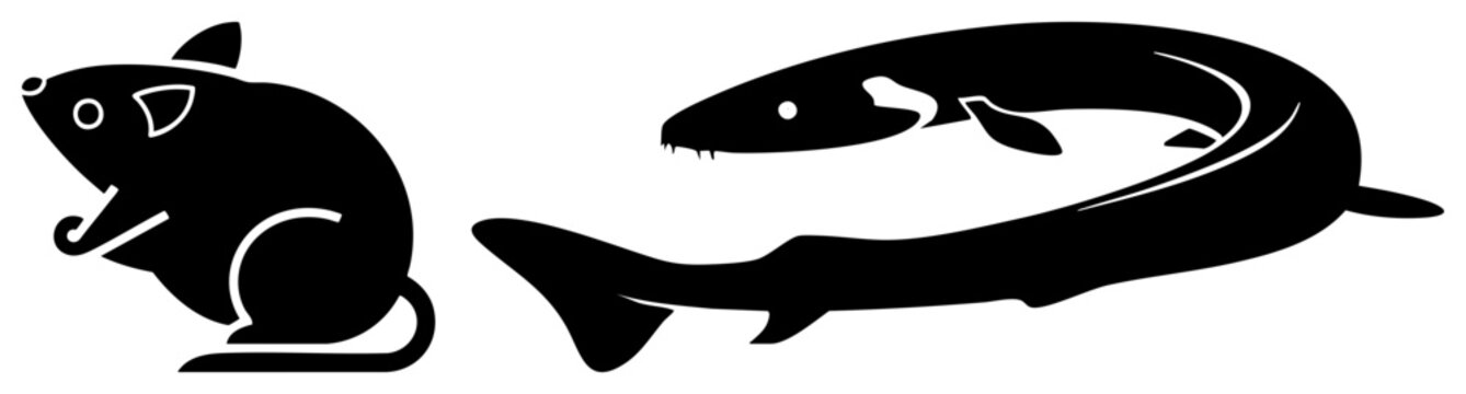 Stark graphic featuring a small rodent, often called a mousey or field mouse, alongside a sleek eel, known as a moray or water snake, in a clean cutout style.