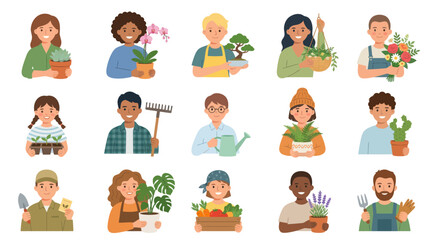 Fototapeta premium Flat Style Diverse People Gardening, Horticulture, Botany, Plants, Flowers Icons