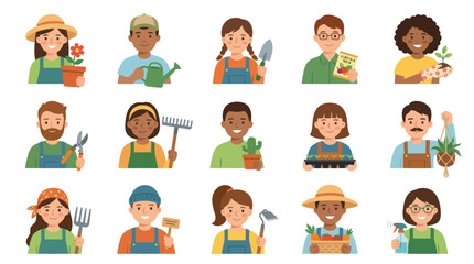 Fototapeta premium Diverse Gardeners and Farmers Flat Vector Illustration: People with Tools, Plants, Seeds for Horticulture