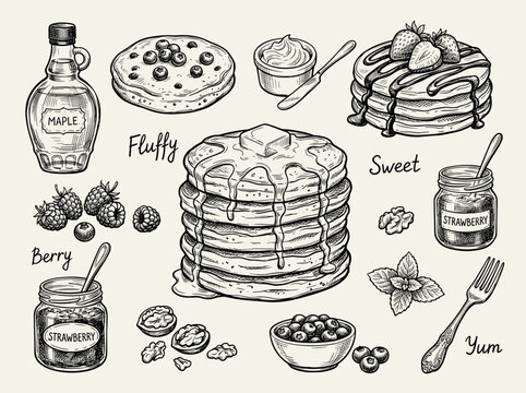 Hand drawn black ink sketch of pancake stack breakfast set with maple syrup and fruit, isolated on white background