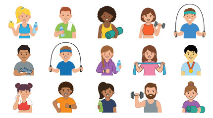 Fototapeta premium Flat Design People Exercising with Weights and Gear, Fitness Icons