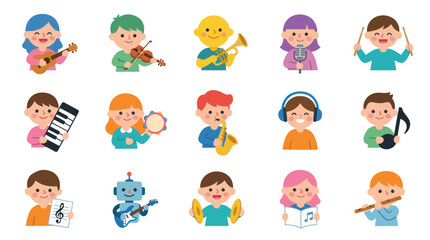 Obraz premium Cute Cartoon Kids Playing Musical Instruments, Music Education Flat Vector Icons