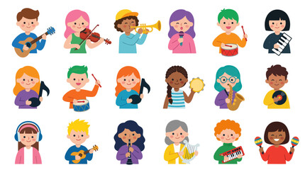 Obraz premium Diverse Children Playing Musical Instruments Cartoon Flat Style Vector Asset