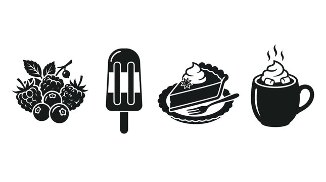 Silhouette vector icon collection featuring spring berries, summer popsicle, autumn pumpkin pie, winter hot chocolate