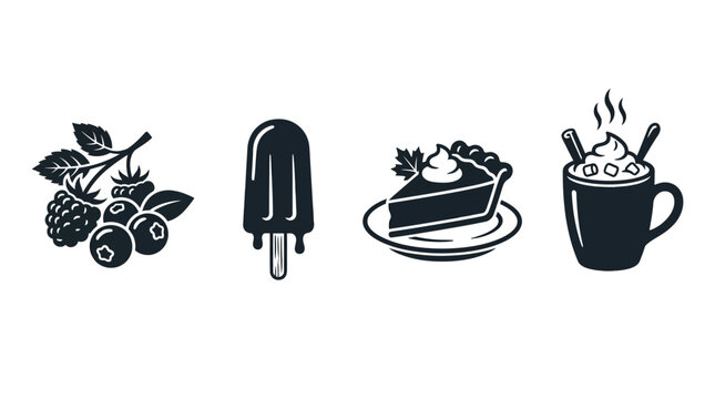 Silhouette vector icon collection featuring spring berries, summer popsicle, autumn pumpkin pie, winter hot chocolate