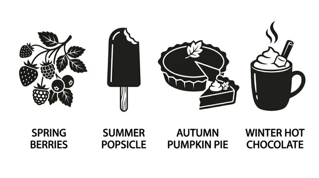 Silhouette vector icon collection featuring spring berries, summer popsicle, autumn pumpkin pie, winter hot chocolate