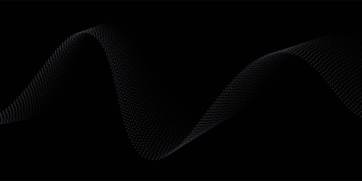 Neon sound wave on black background. Abstract flowing wavy dot lines design for ai concept, eq equalizer, audio record, voice assistant. Vector blue green purple gradient dashed curve stripe wallpaper