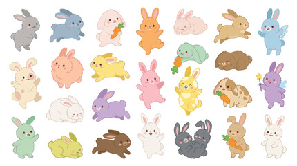 Obraz premium Cute Cartoon Bunnies Collection, Vector Art, Kawaii Animals for Easter Spring