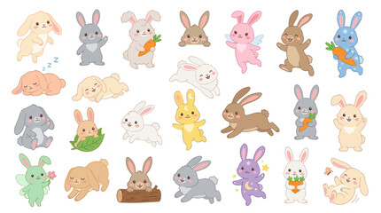 Fototapeta premium Cute Cartoon Rabbits and Bunnies Flat Vector Illustration Set for Kids, Spring, and Easter Designs