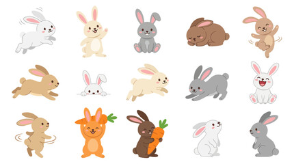 Naklejka premium Cute Cartoon Easter Bunny Characters, Happy Rabbits Collection Vector Art