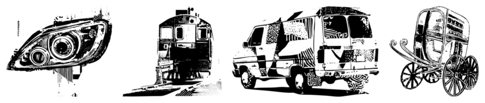 Gritty collection of transport silhouettes featuring a classic motor, a heavy locomotive, a delivery van, and a rickshaw. These retro rides and old school wheels capture a raw urban aesthetic.