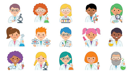 Obraz premium Cute Flat Cartoon Science Characters: Diverse Students and Scientists for Education, STEM, and Lab Research