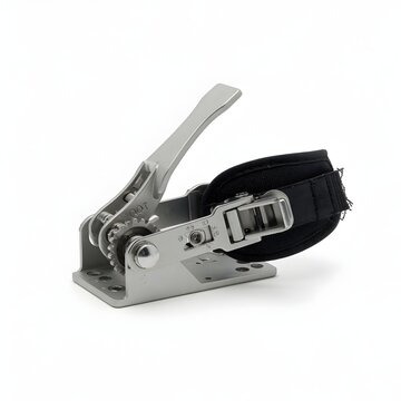 Metal ratchet tie-down mechanism with black strap and mounting base, secure fastening device.