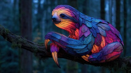Obraz premium Mystical Bioluminescent Feathered Sloth Resting on Mossy Branch in Enchanted Forest Glow