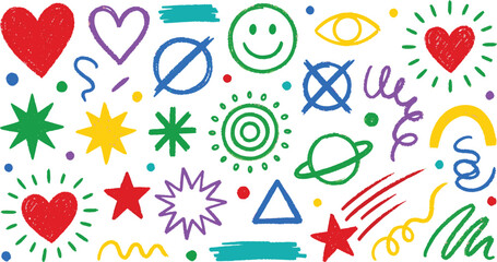 Colorful hand drawn doodle icons elements set with hearts stars smiley face planet shapes and abstract lines pattern background vector illustration © Abul