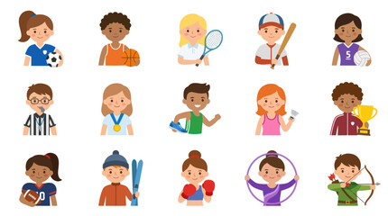 Fototapeta premium Diverse Group of Children in Sports Outfits, Flat Vector Art