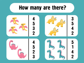 Dino count and choose the correct number activity sheet - Printable math quiz for preschool children © Helga KOV