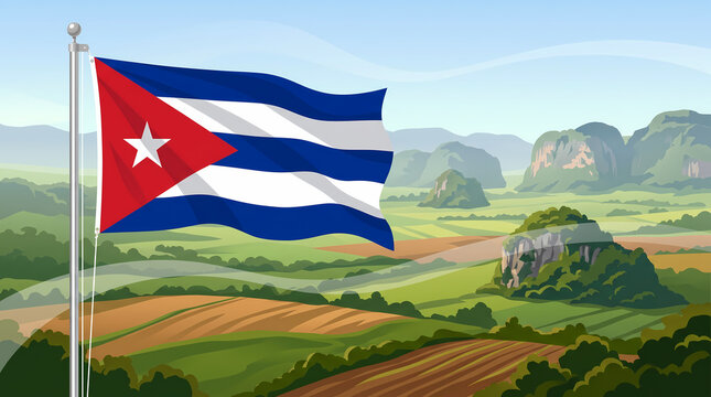 Cuba National Flag with Tropical Valleys and Limestone Hills Premium Vector Illustration