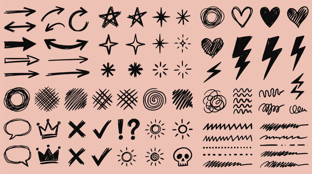 Hand drawn doodle element set with scribble arrows stars hearts speech bubbles lightning bolts crowns and abstract lines vector illustration