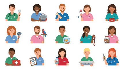 Fototapeta premium Veterinarians and Pet Care Professionals Flat Vector Avatars with Diverse Characters Supplies