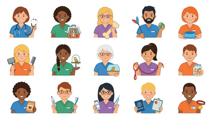 Fototapeta premium Flat Cartoon Vector Avatars: Diverse Veterinary Professionals Pet Care Workers with Medical Pet Items