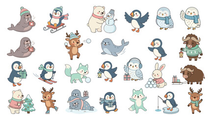 Obraz premium Cute Winter Arctic Animals Cartoon Vector Illustration Set for Holiday Season and Christmas Children's Designs