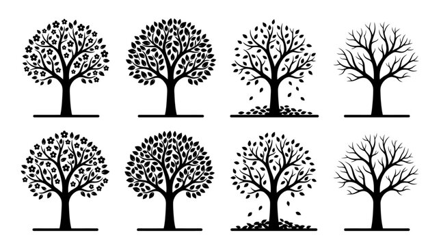 Silhouette vector icon set showing tree changes through seasons, blooming tree, leafy tree, falling leaves tree, bare winter tree