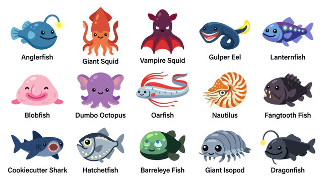 Cute Cartoon Deep Sea Creatures Vector Illustration Set for Kids Education and Marine Biology