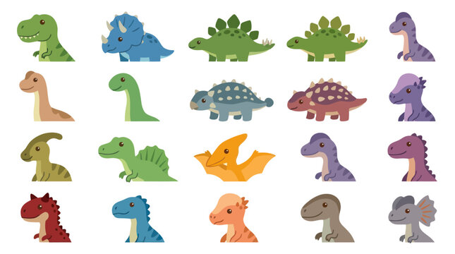 Cute Cartoon Dinosaur Illustrations Set, Flat Vector Style