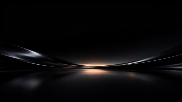 Abstract elegant dark black smooth wavy curved shape with warm glowing light on reflective floor, minimalist modern luxury background concept for product presentation