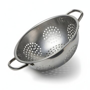 Metal colander with handles, kitchen utensil for draining pasta and washing vegetables, studio shot on white background.