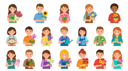 Fototapeta premium Flat vector illustration of various gardeners and florists holding flowers, plants, and gardening tools.