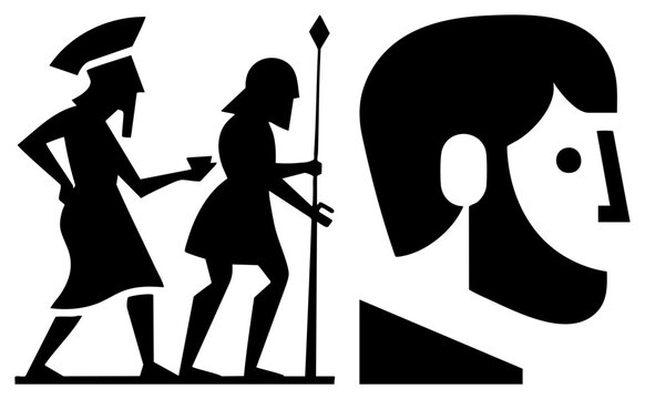 This stencil graphic features ancient hoplites and a bearded sage, capturing the essence of a Greek warrior or Spartan soldier. The composition a stoic philosopher alongside battle ready figh