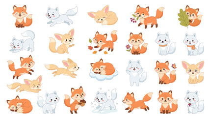 Fototapeta premium Cute Cartoon Foxes and Arctic Foxes Illustrations, Vector Art
